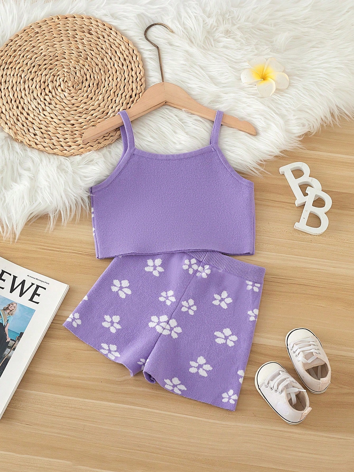 Young Girl Floral Knitted Cami Top And Shorts Set