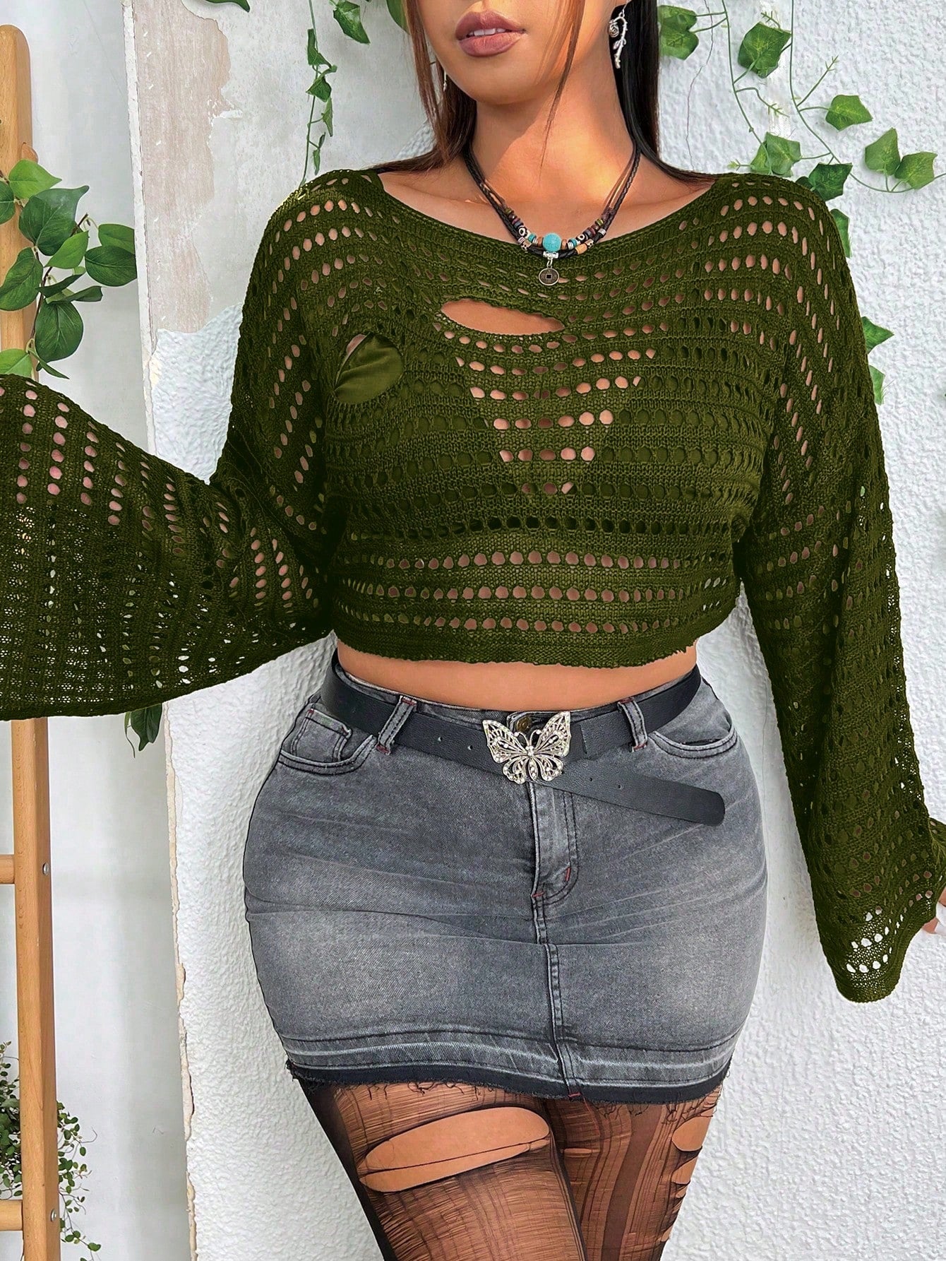 PUNK Plus Size Holiday Solid Color Hollow Out Knitted Cropped Sweater With Flared Sleeves