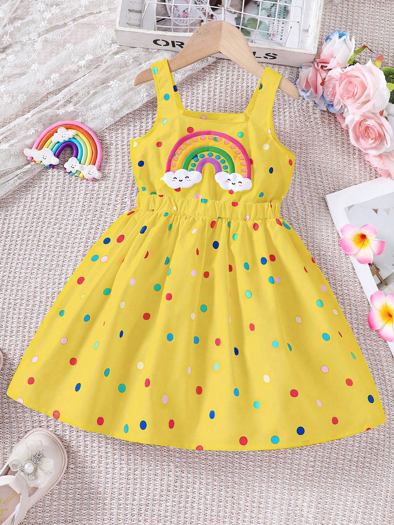 Young Girls' Cute Polka Dot & Rainbow Printed Casual Dress