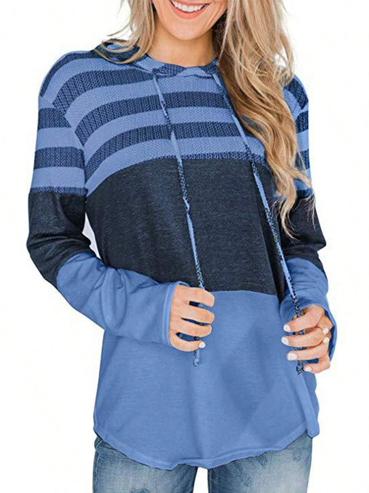 Womens Pullover Long Sleeve Hoodies Tops Striped Color Block Knit Blouse Drawstring Hooded Tees Casual Sweatshirts