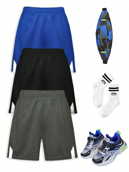 3pcs Loose Fit Casual Sports Knit Solid Color Shorts Set For Tween Boys