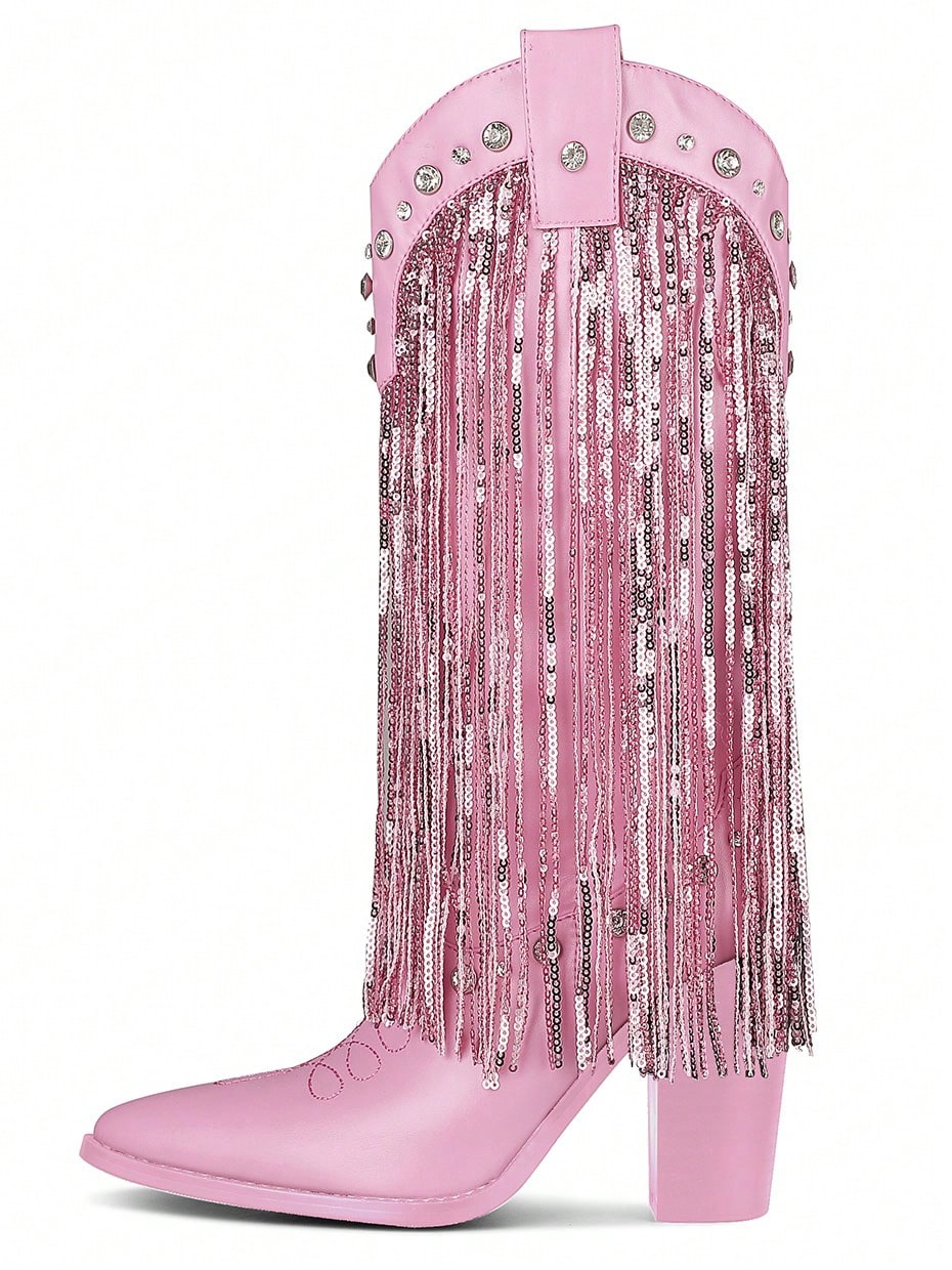 Women Western Cowgirl Rhinestone Tassels Cowboy Knee High Boots Chunky High Heel Party Gorgeous Sequin Wedding Shoes