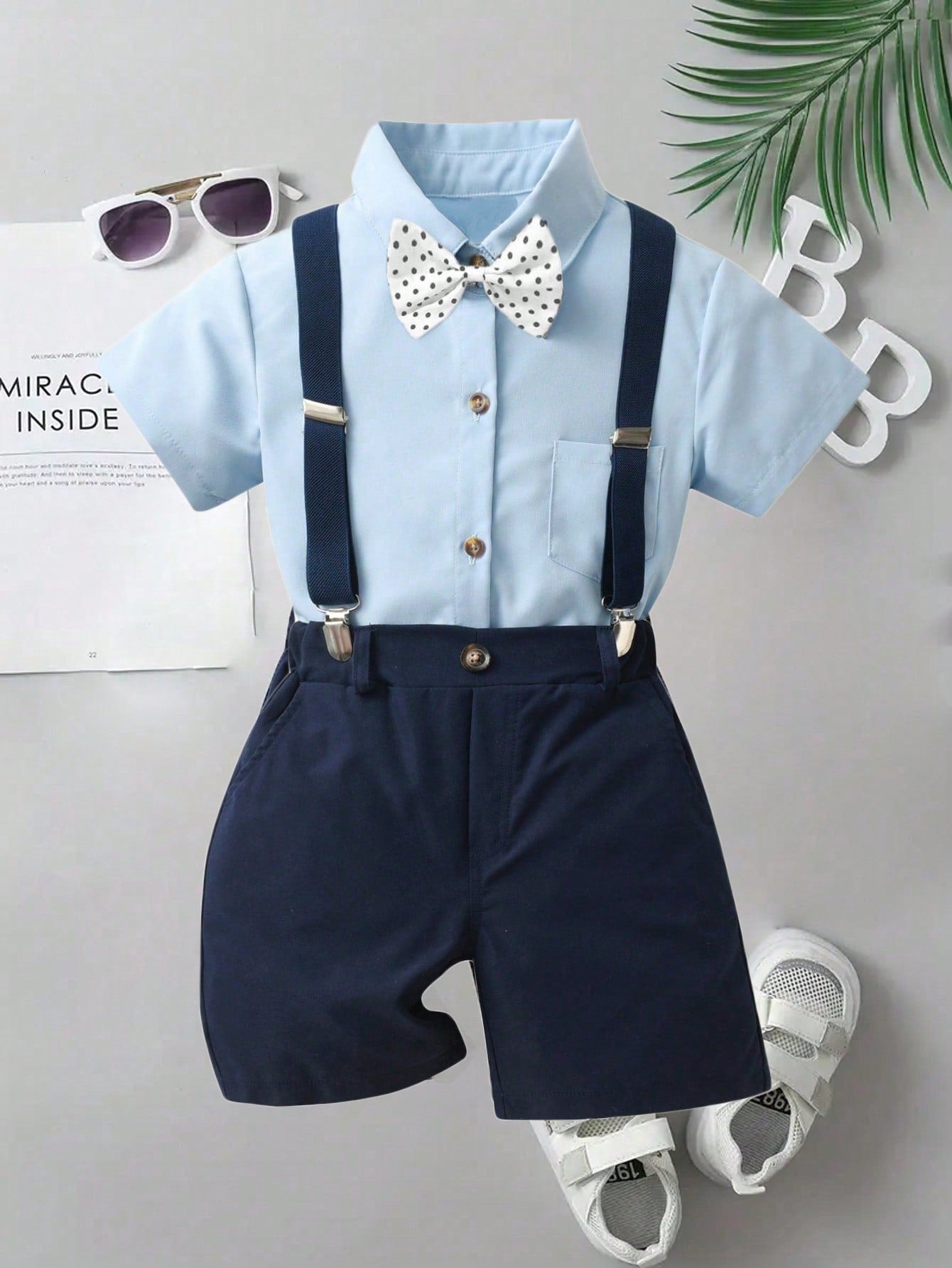 Young Boy Gentleman Outfits, Includes Casual Short Sleeve Shirt, Polka Dot Bow Tie, Blue Braces And Shorts Set Of 4