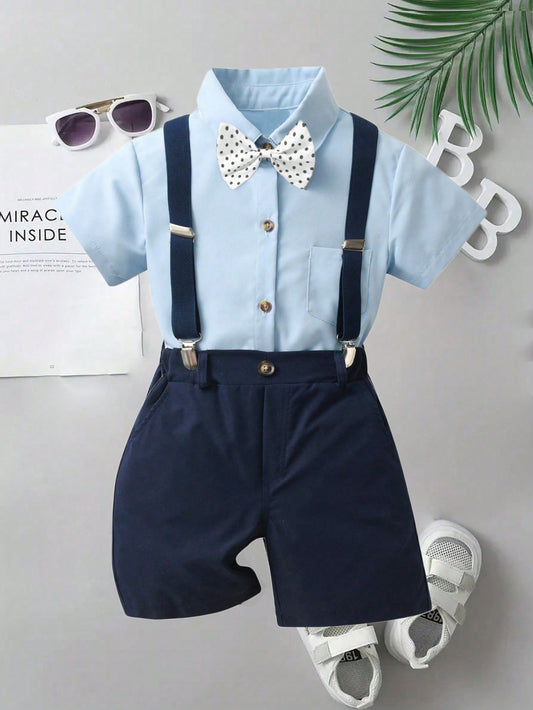 Young Boy Casual Short Sleeve Shirt With Polka Dot Bow Tie, Blue Suspenders Shorts 3 Piece Suit, Children Formal Wear Suit, Gentleman Suit