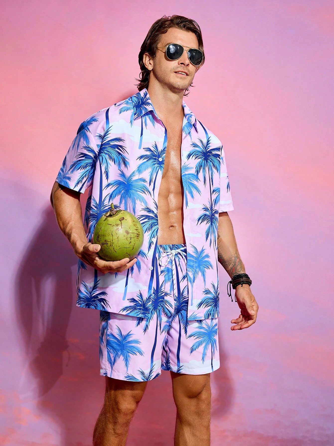 Men Summer Casual Coconut Tree Printed Short Sleeve Shirt And Shorts Beach Set