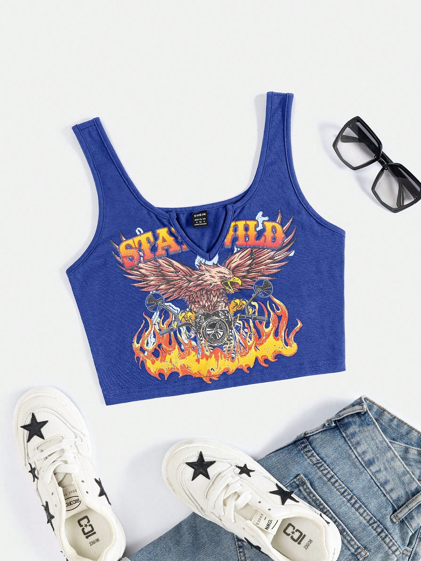 Eagle & Fire Print Notched Neckline Crop Tank Top