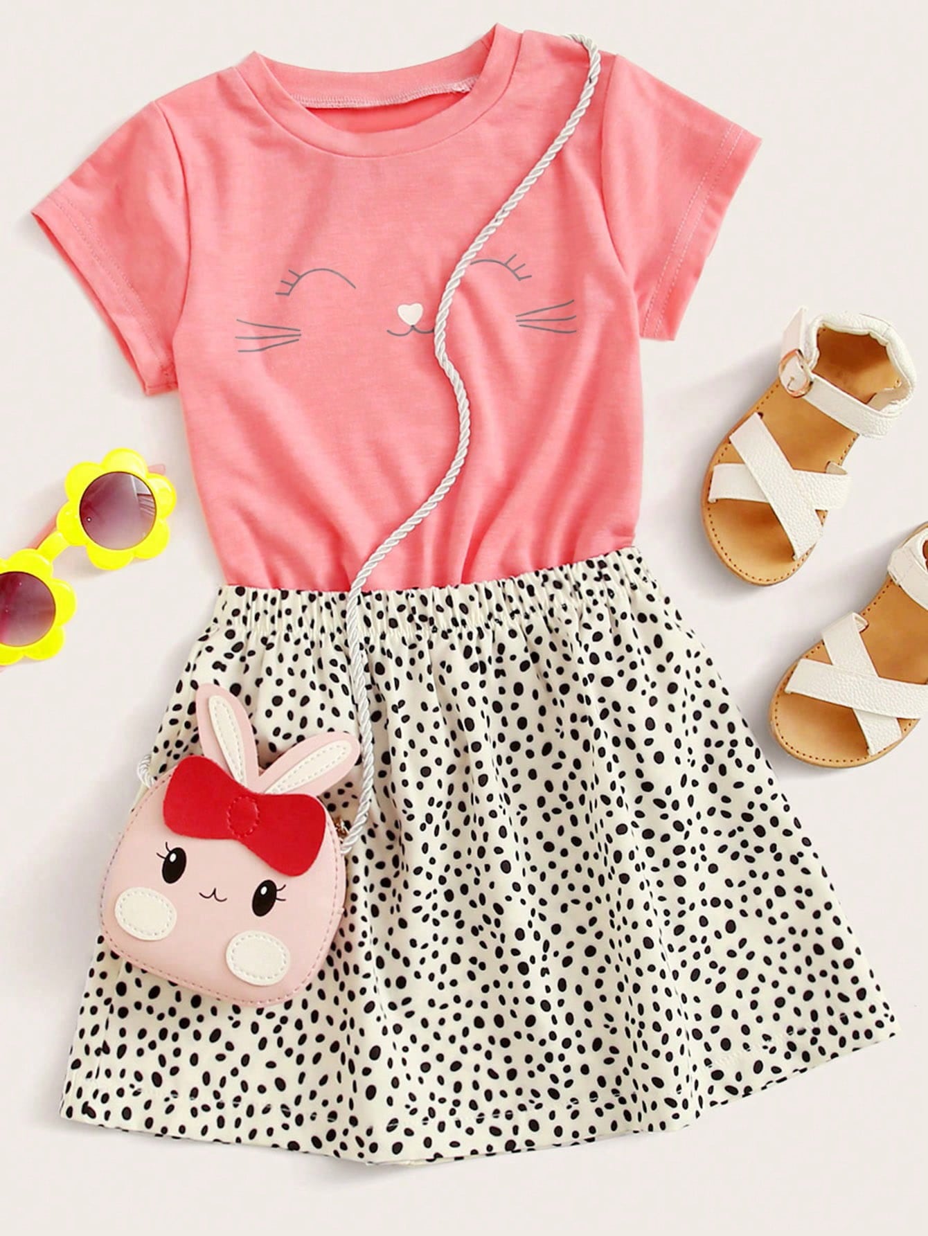 Young Girl Cartoon Graphic Tee & Confetti Print Skirt