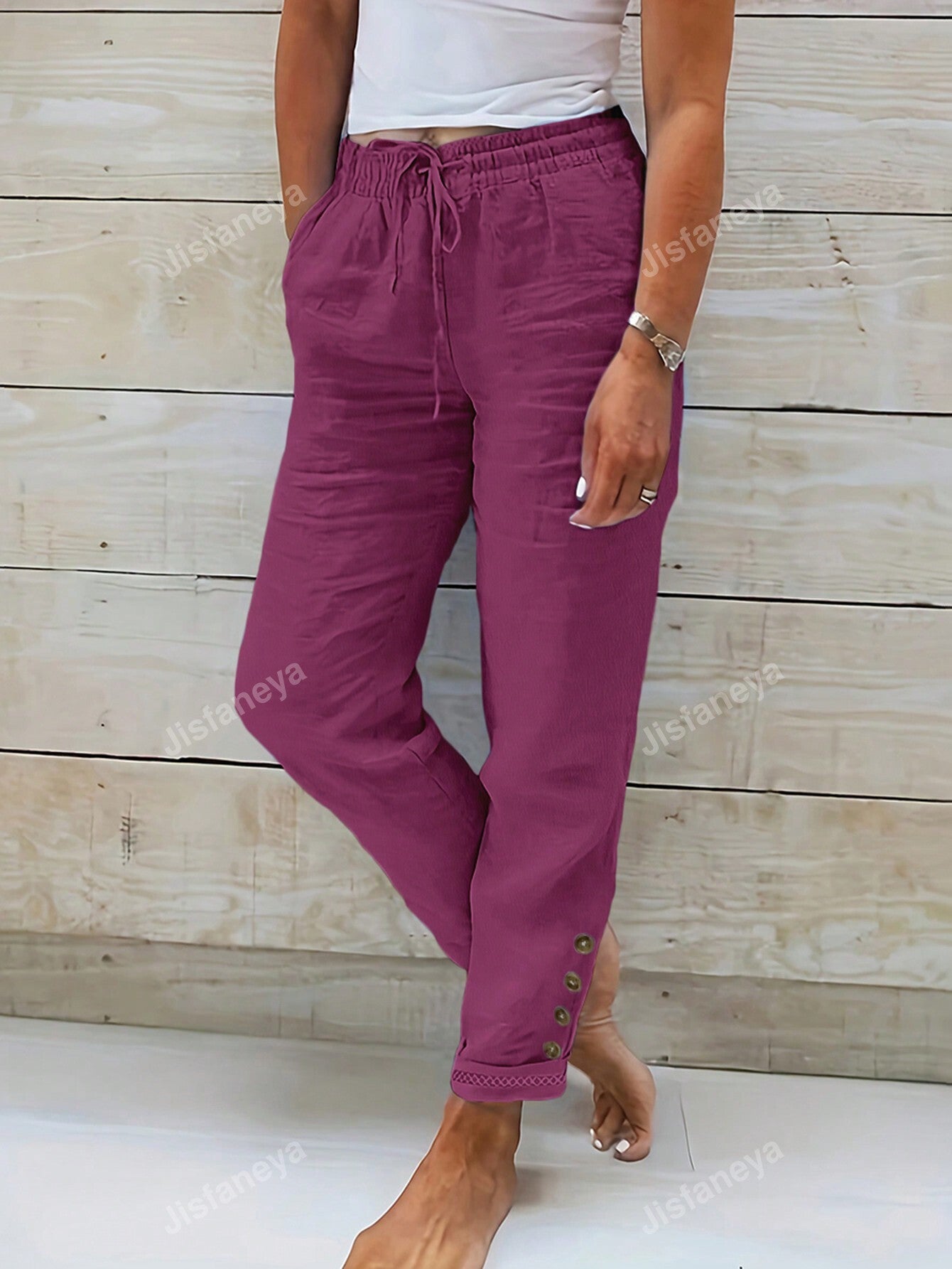 Solid Color Button & Drawstring Detail Waist Pants