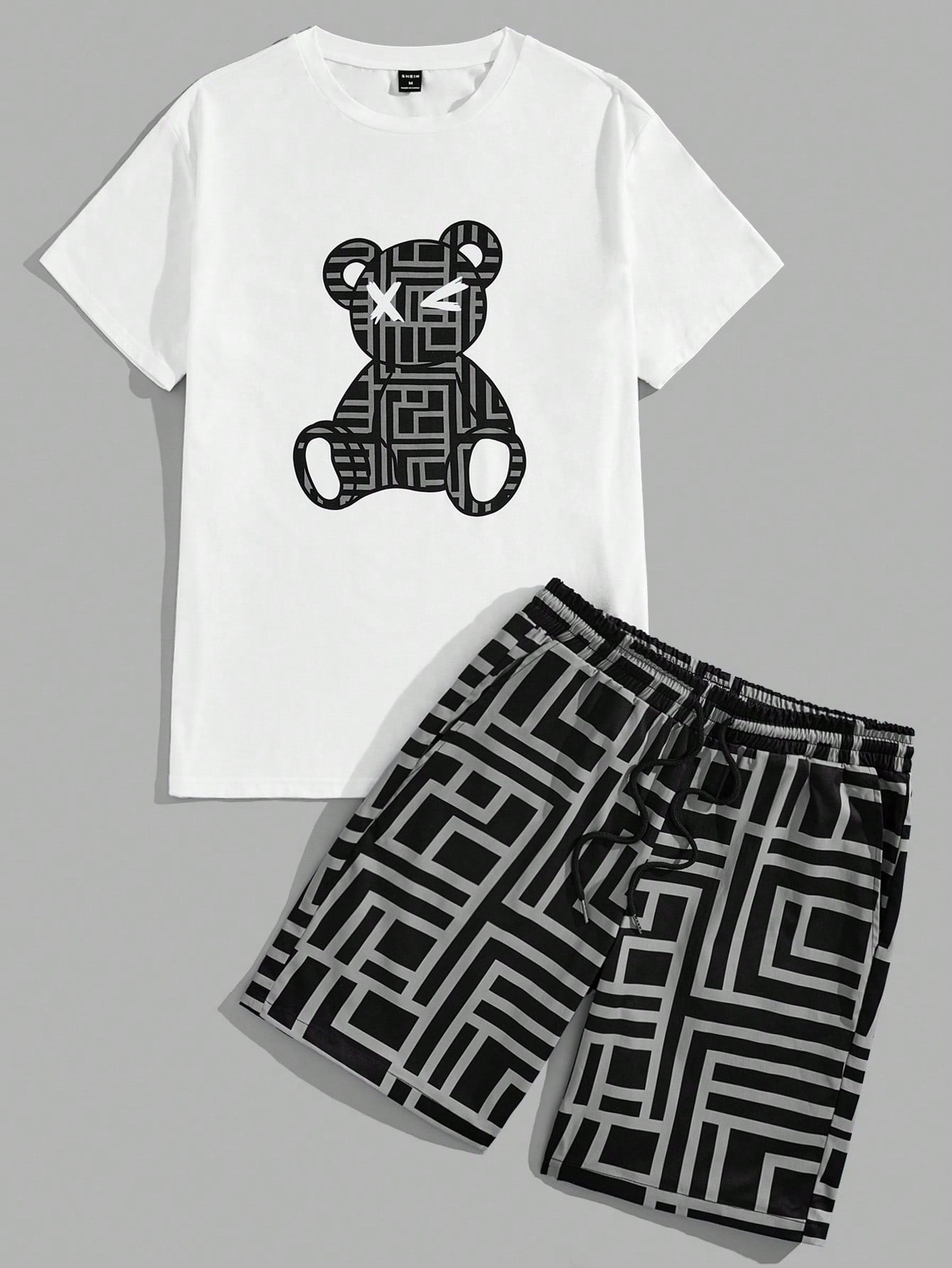 Men's Bear Printed Short Sleeve T-Shirt And Shorts Set For Summer