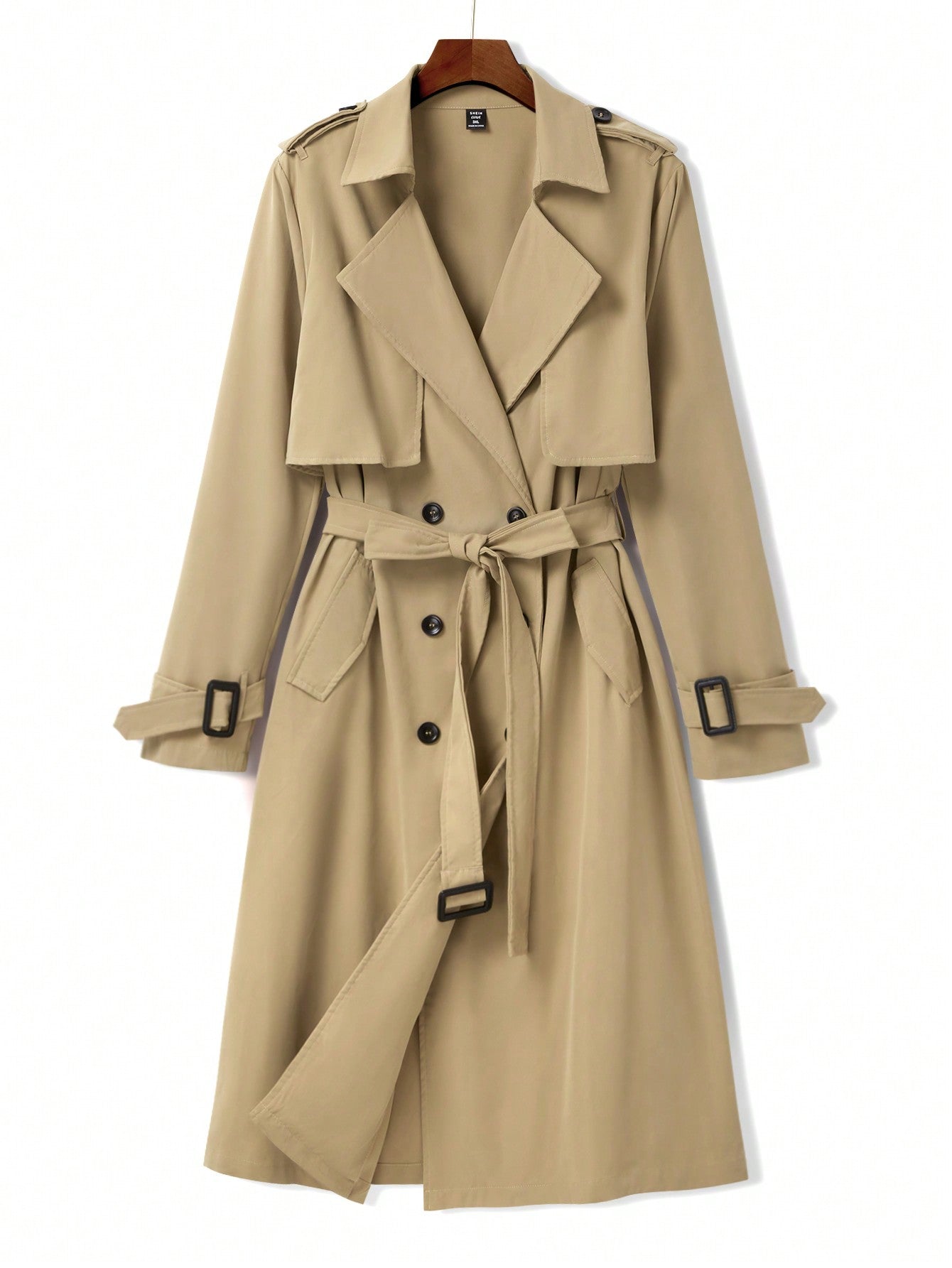 Plus Size Women's Belted Trench Coat With Shoulder Straps