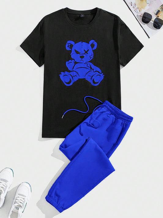 Men Summer Bear Print Round Neck Short Sleeve Casual T-Shirt And Drawstring Waist Cuffed Pants Set