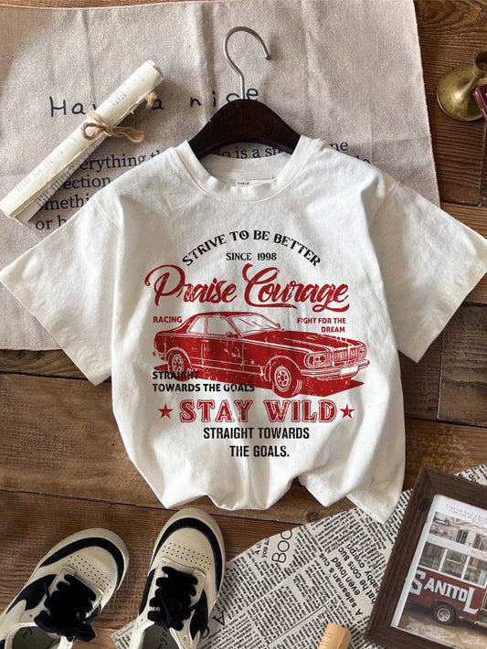 Retro 90s Print T-Shirt For Young Boy , Casual Vintage Car Printed Short Sleeve Round Neck Tee Perfect For Summer