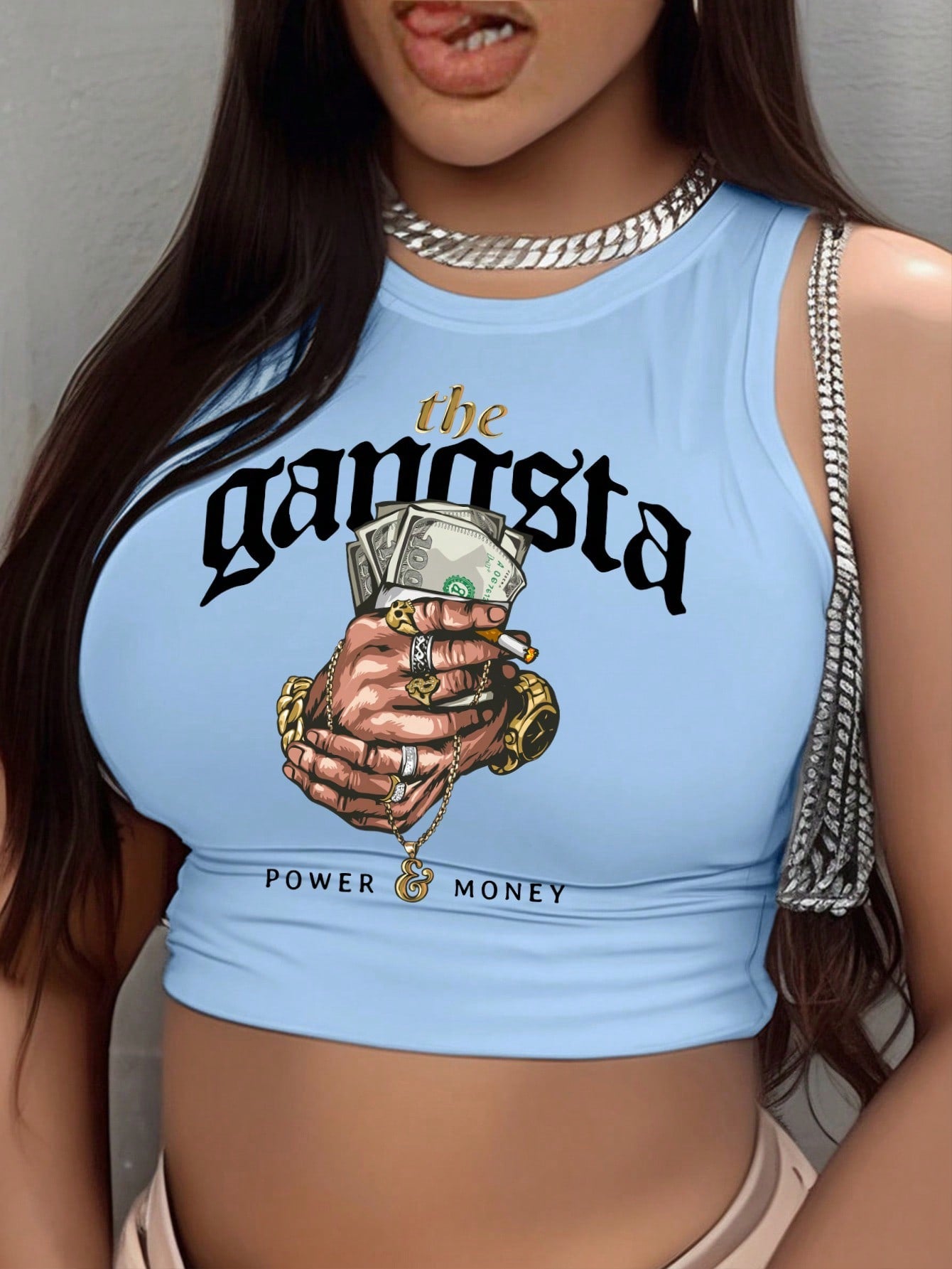 Sleeveless Women's Round Neck Crop Top With Hand & Letter Prints, Slim Fit, Suitable For Summer The Gangsta POWER & MONEY