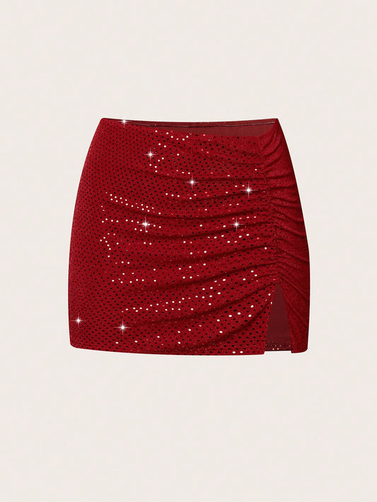 Women's Glitter Pleated High Slit Skirt (Random Cut)