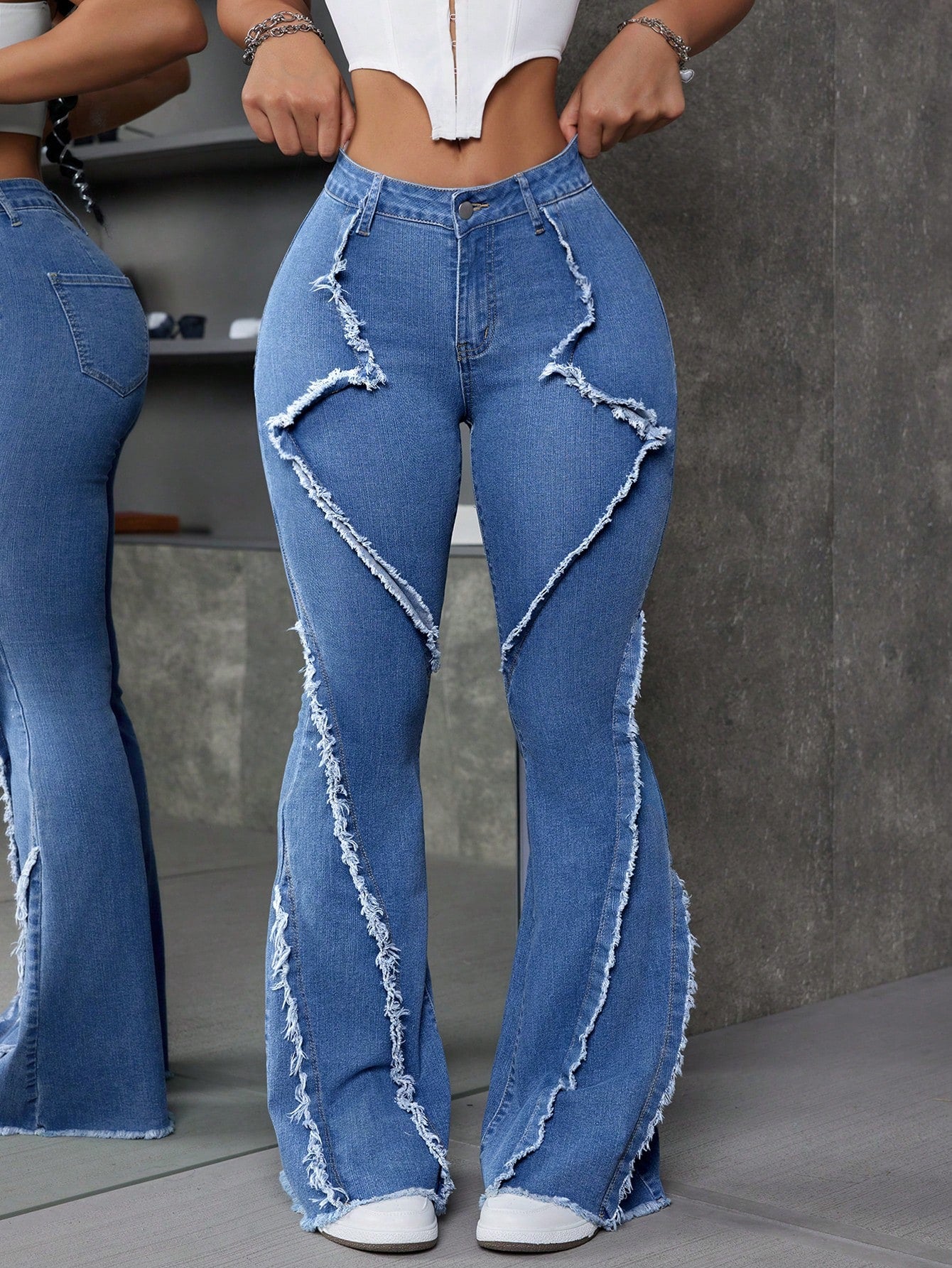 Women Fashion Mottled Washed Denim Patchwork Flared Jeans With Frayed Hem