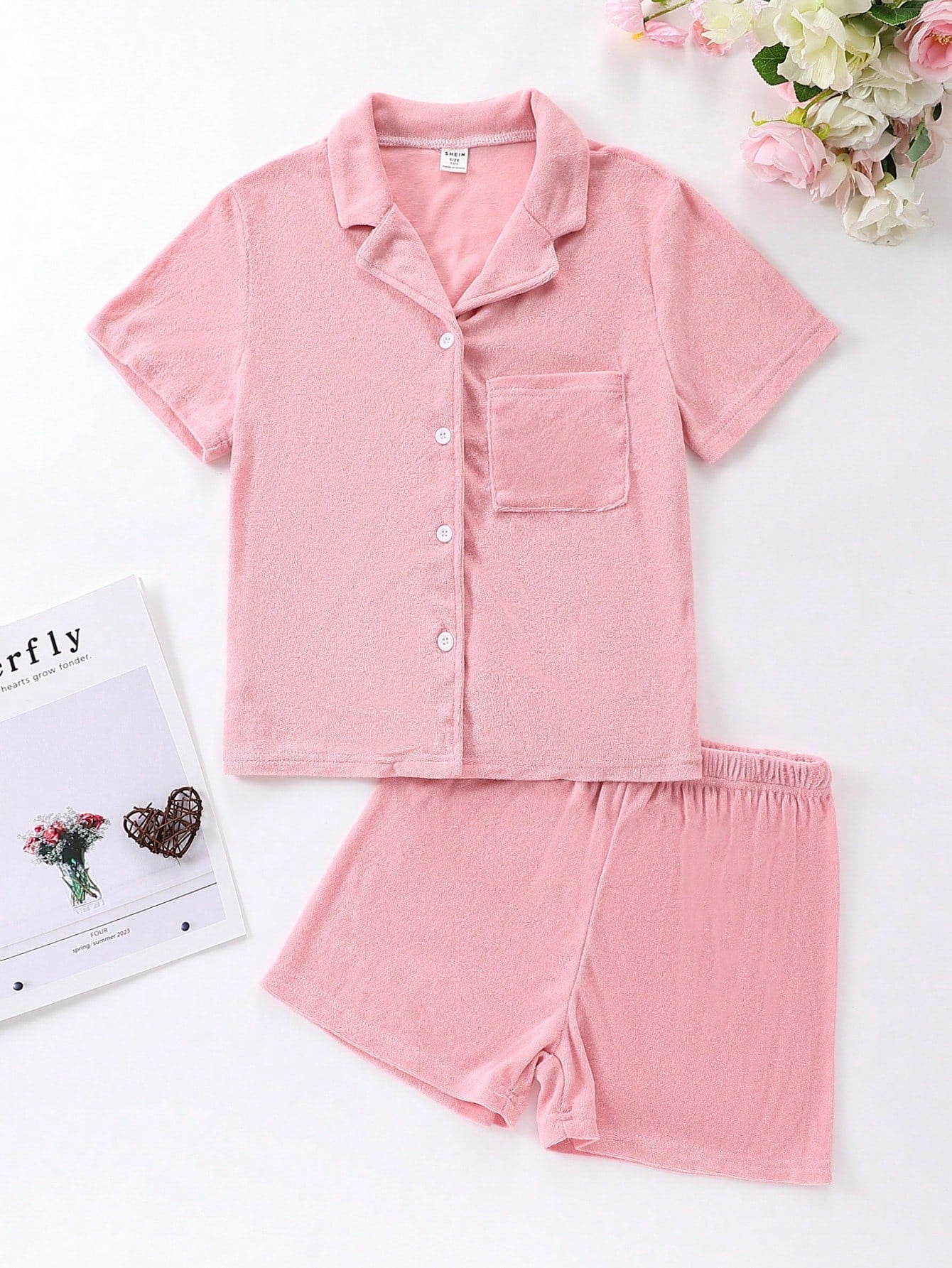 Tween Girls' Pink Simple Solid Color Short Sleeve Shirt And Shorts Two-Piece Set Casual Homewear