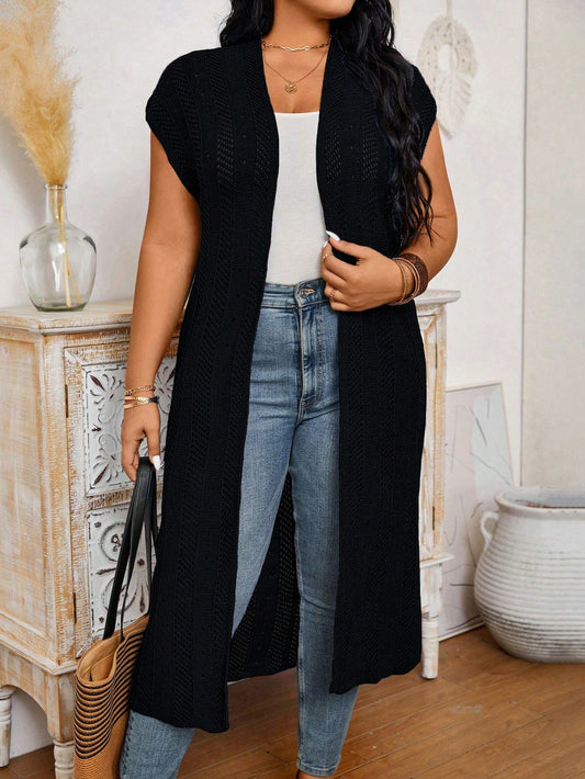 Plus Size Solid Color Long Cardigan With Flare Sleeves