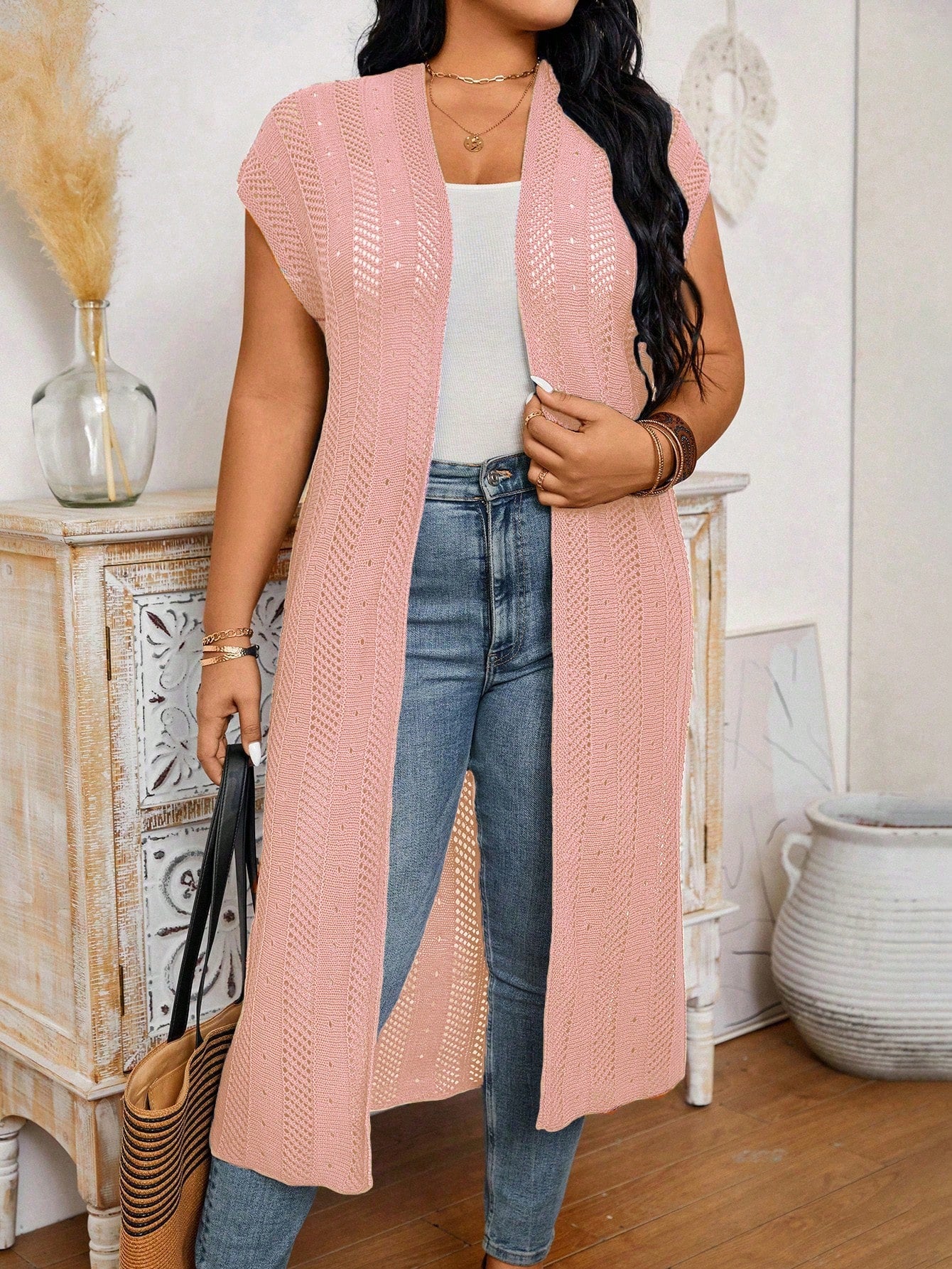 Plus Size Solid Color Long Cardigan With Flare Sleeves