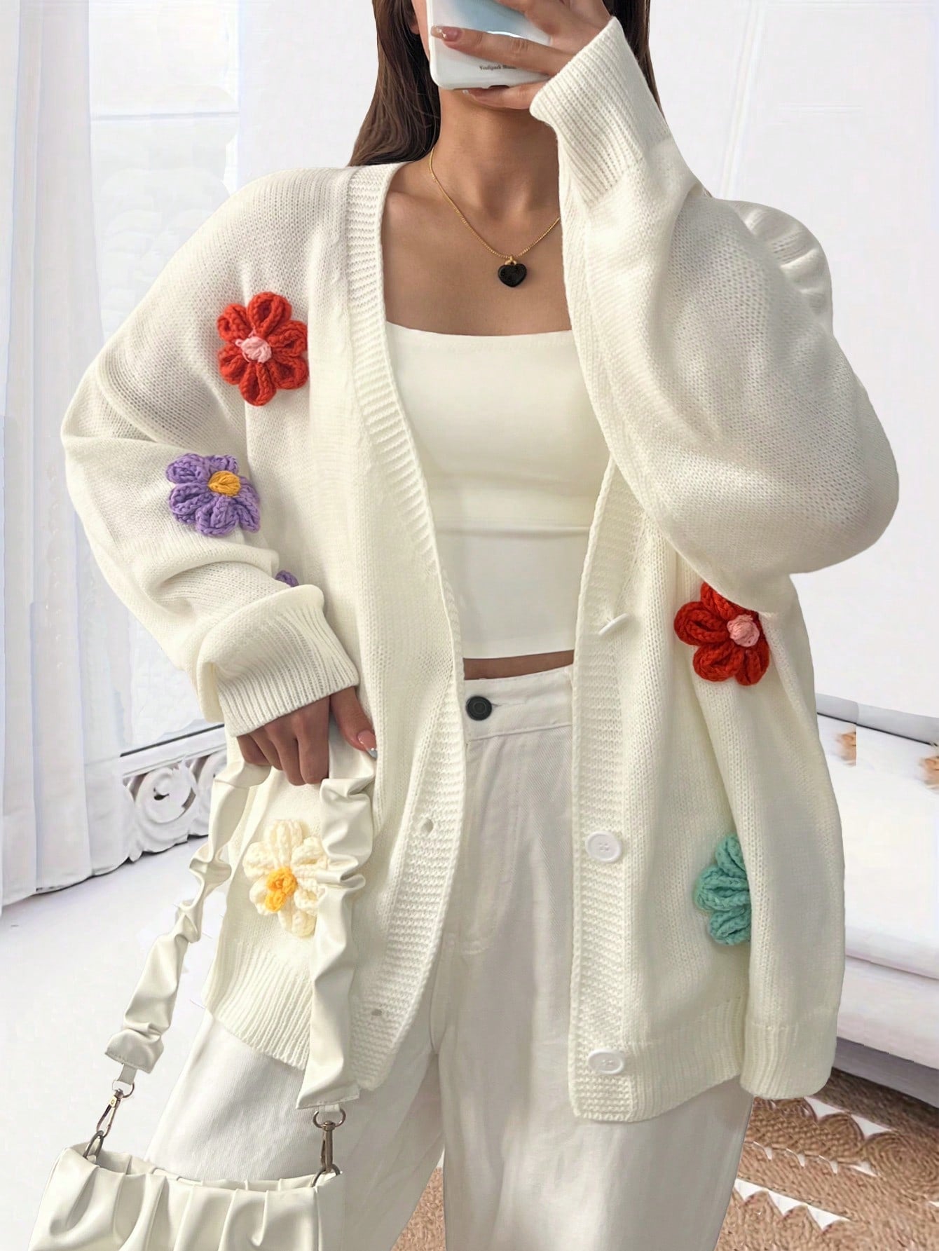 Plus Size Loose-Fit Cardigan With Wide Drop Shoulder And 3D Flower Embellishment