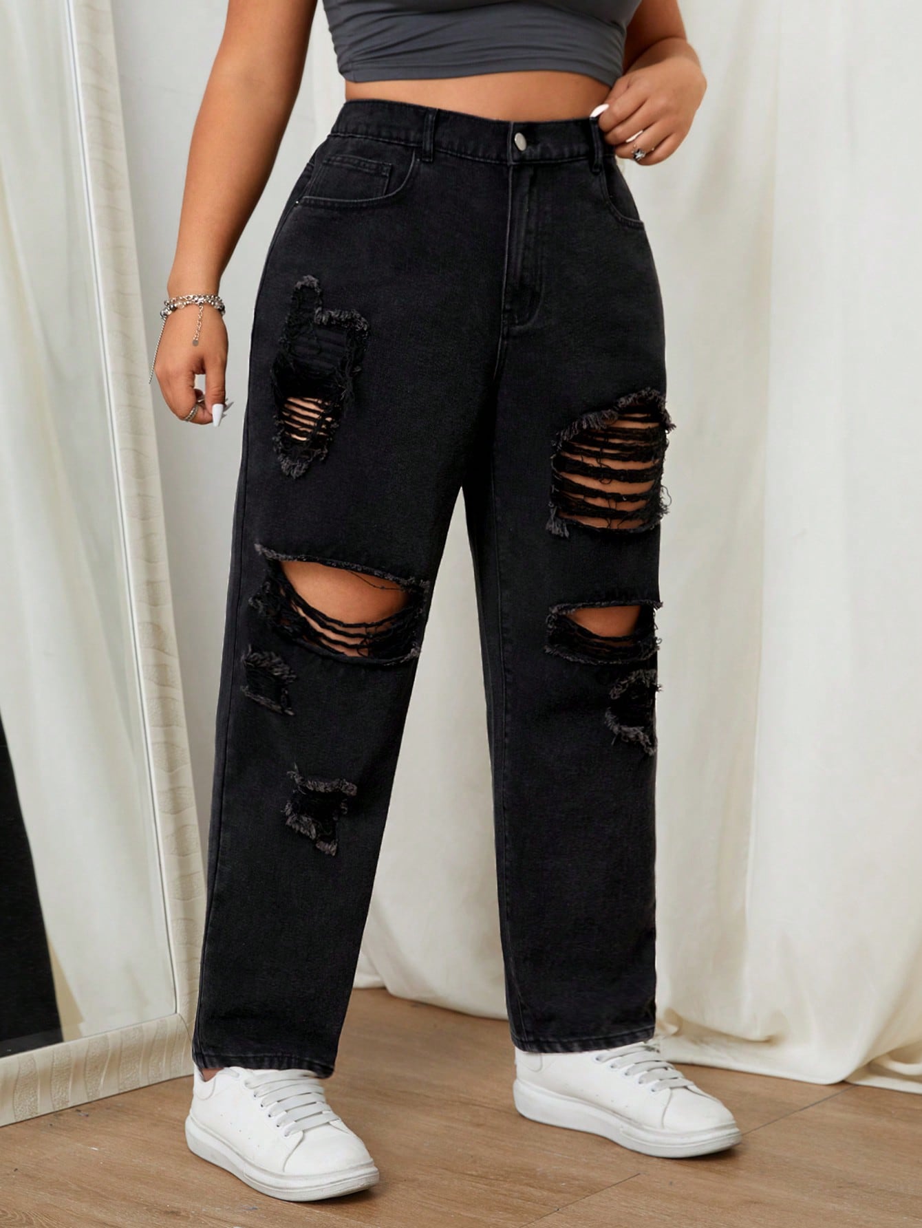 Plus Size Spring/Summer Casual Distressed Frayed Hem Tapered Jeans