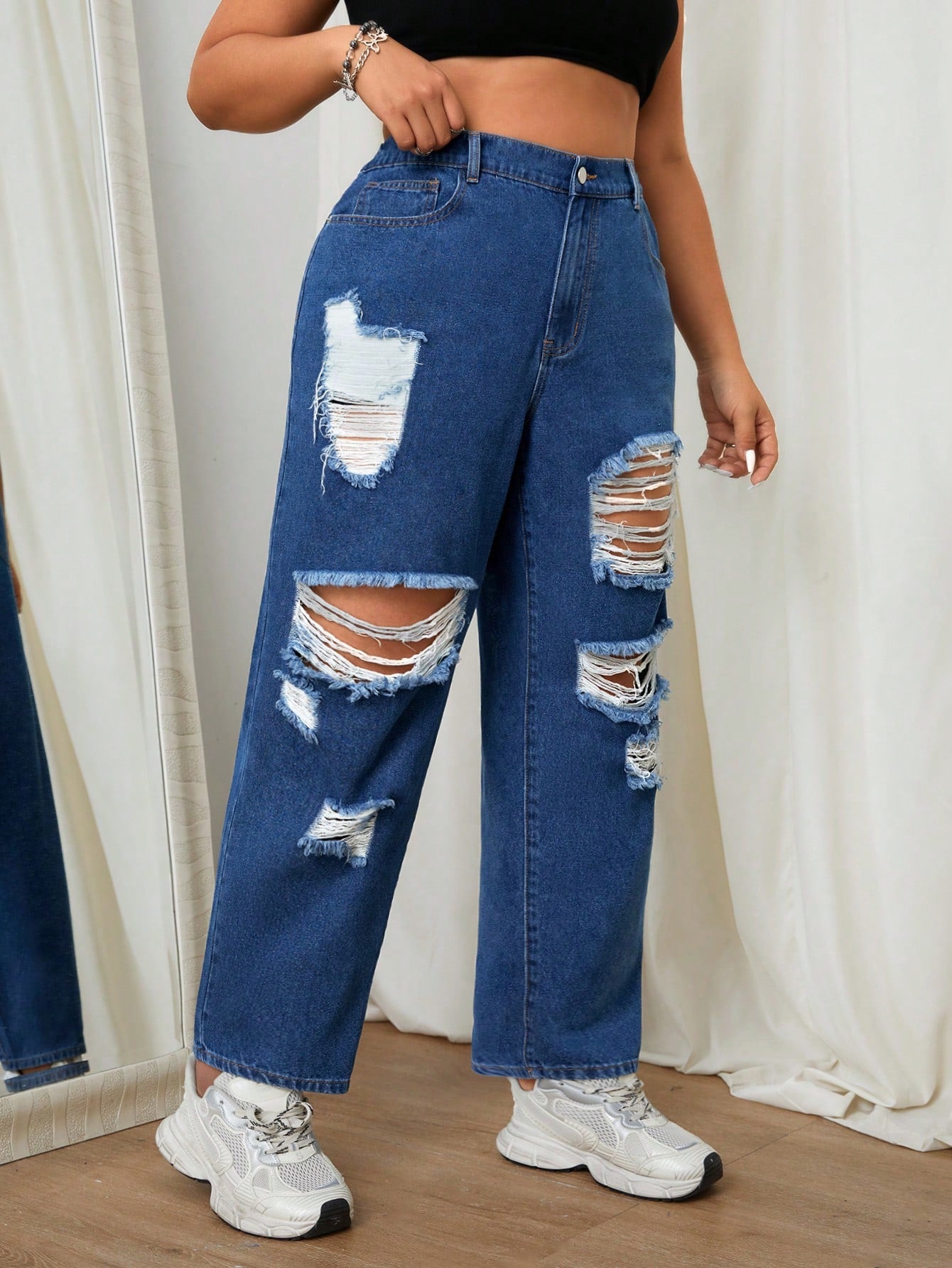 Plus Size Spring/Summer Casual Distressed Frayed Hem Tapered Jeans