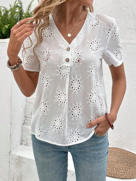 Women Short Sleeve Shirt With Embroidered Front And Button-Down Collar For Summer White Top Women Blouses