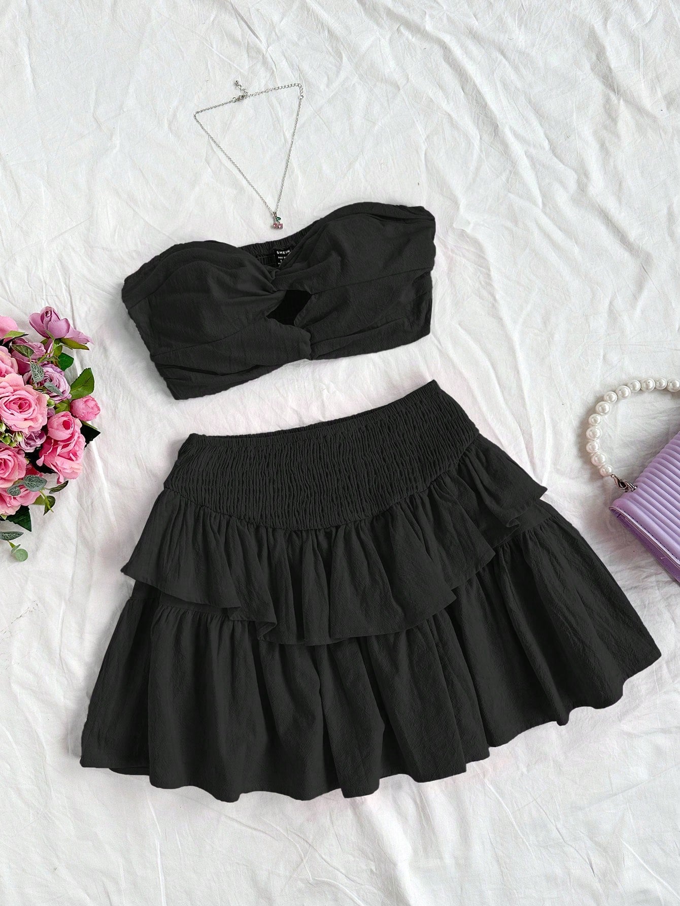 2pcs Set: Casual Twist Checkered Bandeau Top & High Waisted A-Line Ruched Hem Skirt