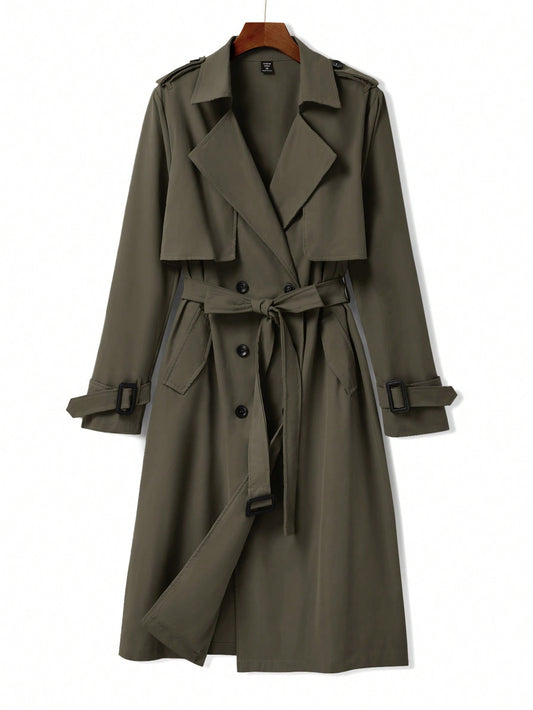 Plus Size Solid Color Turn-Down Collar Double Breasted Trench Coat