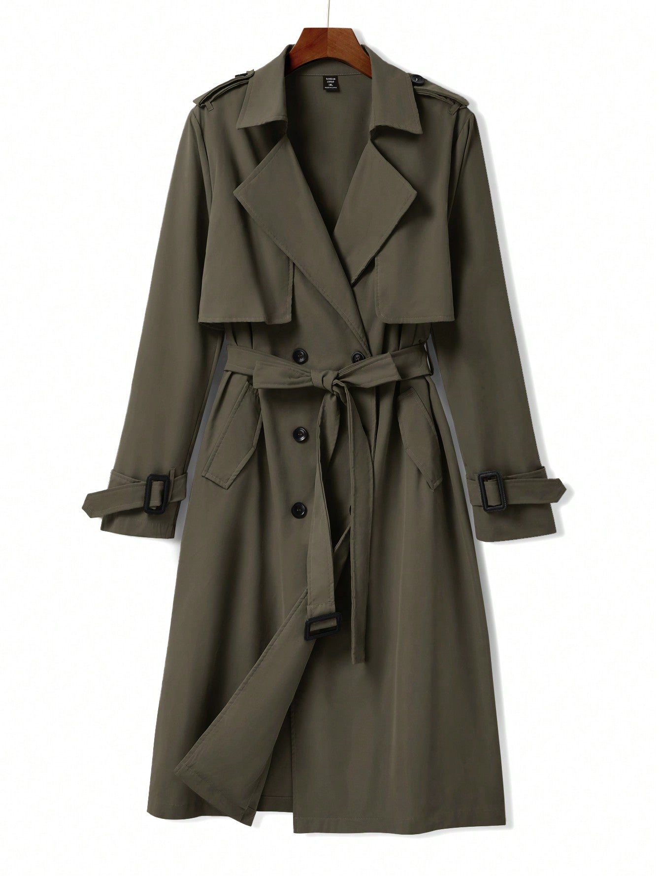 Plus Size Women's Belted Trench Coat With Shoulder Straps