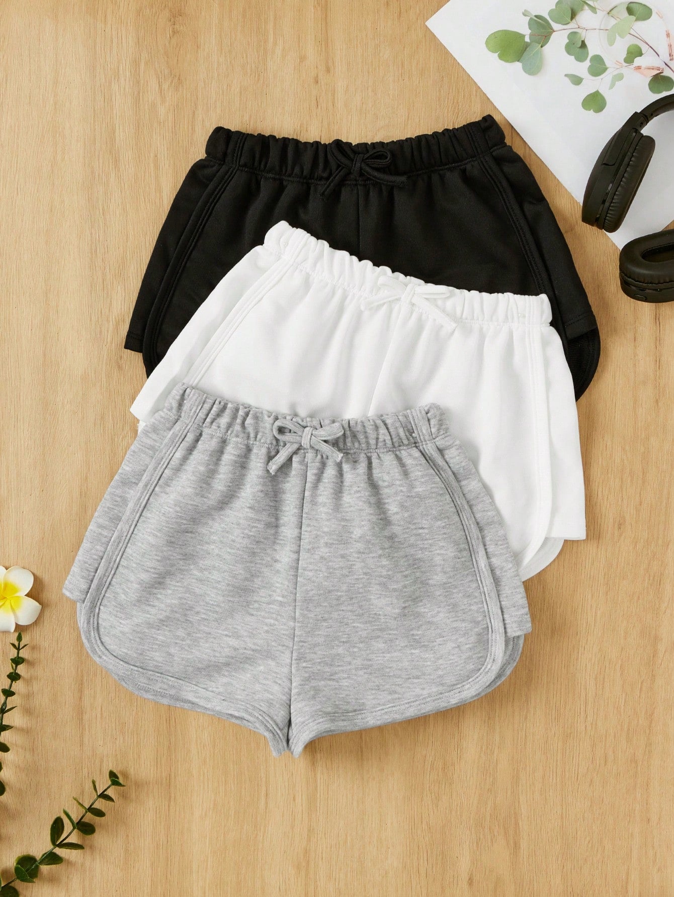 3pcs Solid Color Knitted Bowknot Casual Shorts Set For Tween Girls