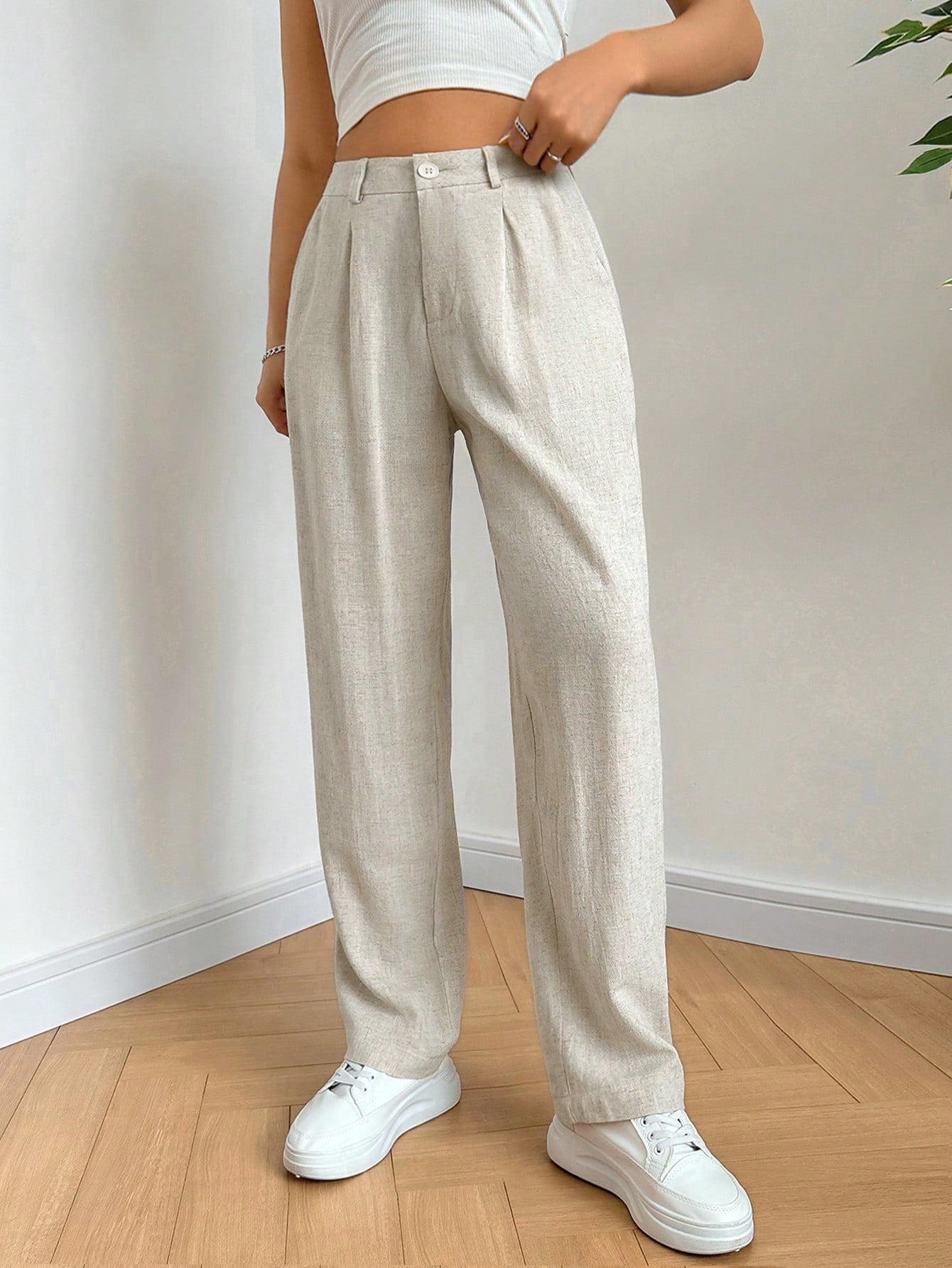 Women's Solid Color Simple Daily Linen Pants With Belt, Slim Fit