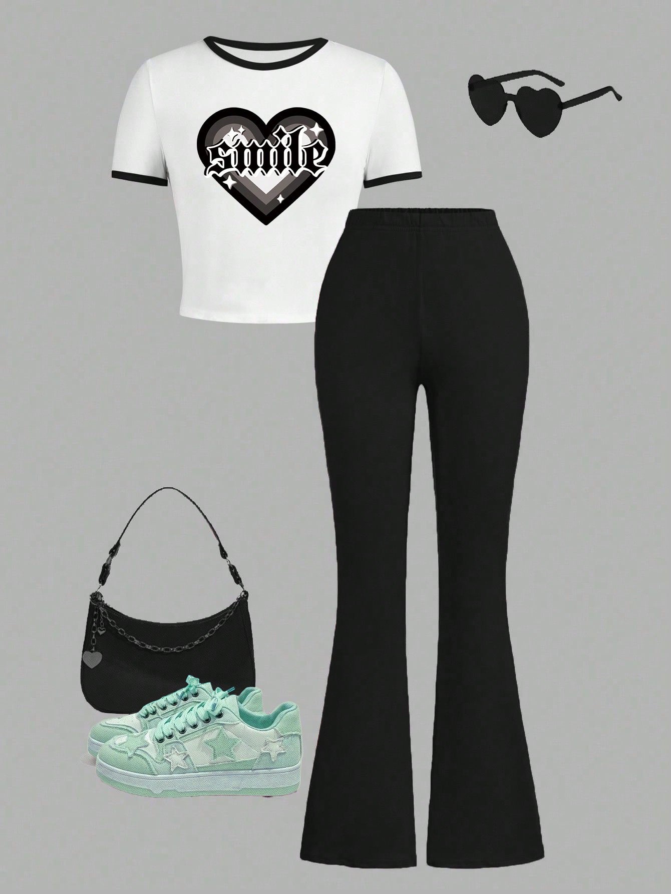 Tween Girl Heart Printed Cropped T-Shirt And Flare Pants Two-Piece Set