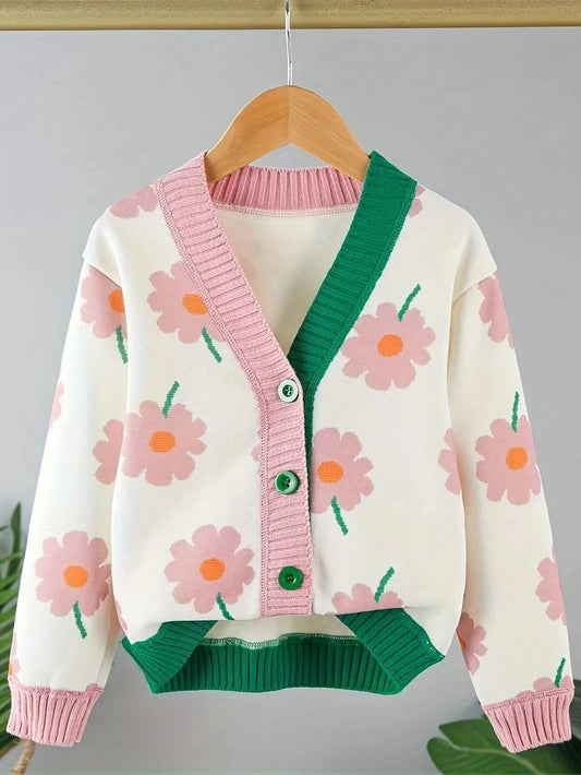 Young Girl New Stylish Spring And Autumn Knit Cardigan With Contrasting Colorful Floral Pattern For 2024