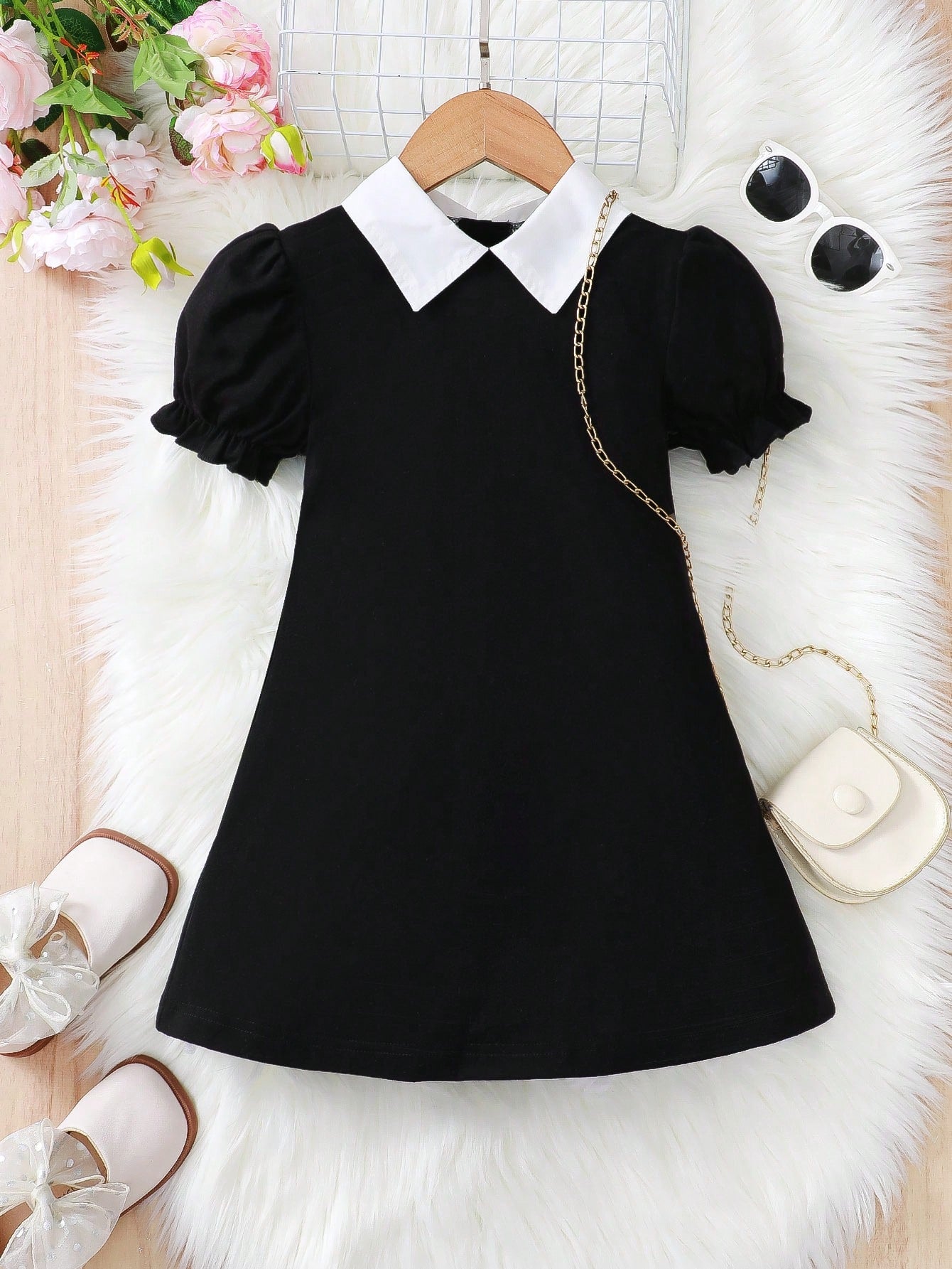 Young Girl Casual Summer Contrast Collar Puff Sleeve Dress