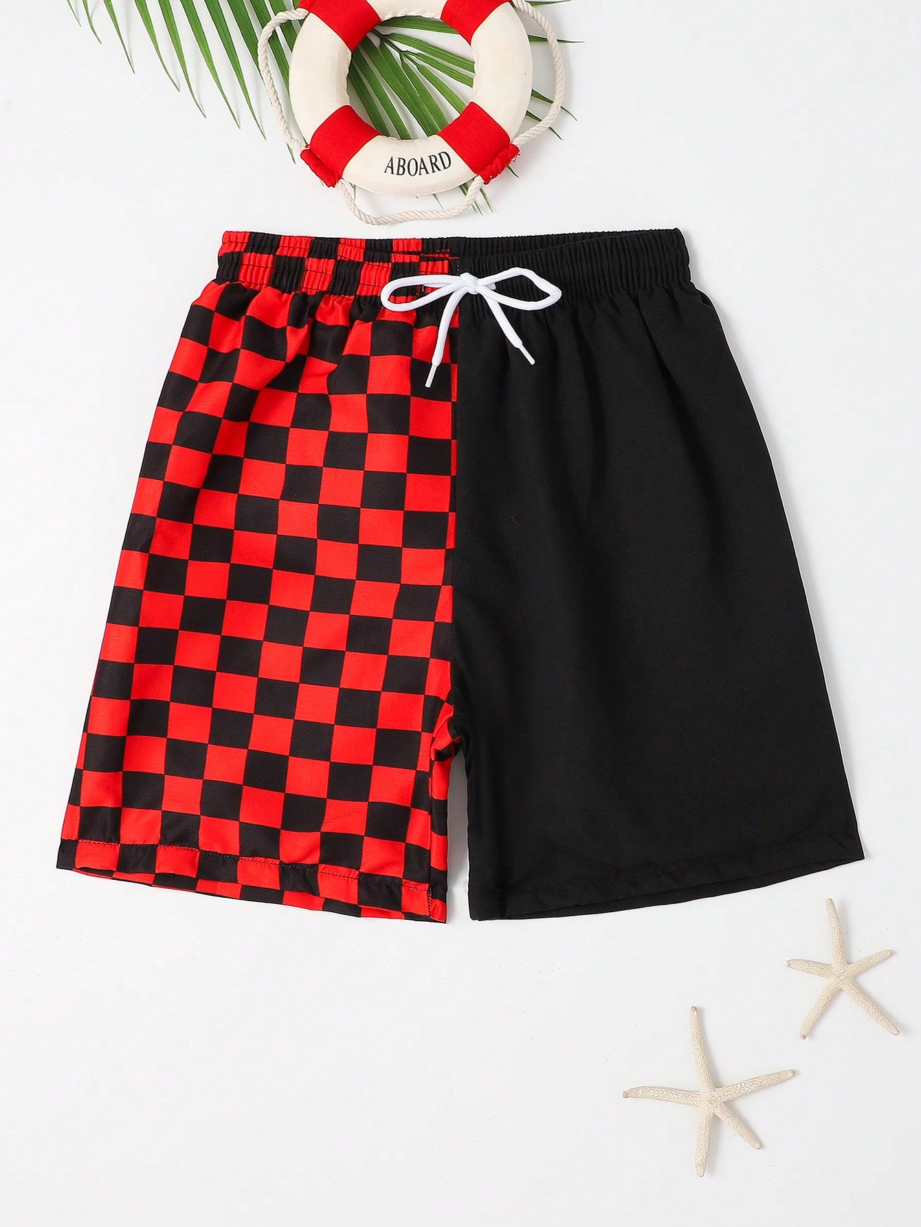 Tween Boy Checkered Print Drawstring Waist Swim Shorts