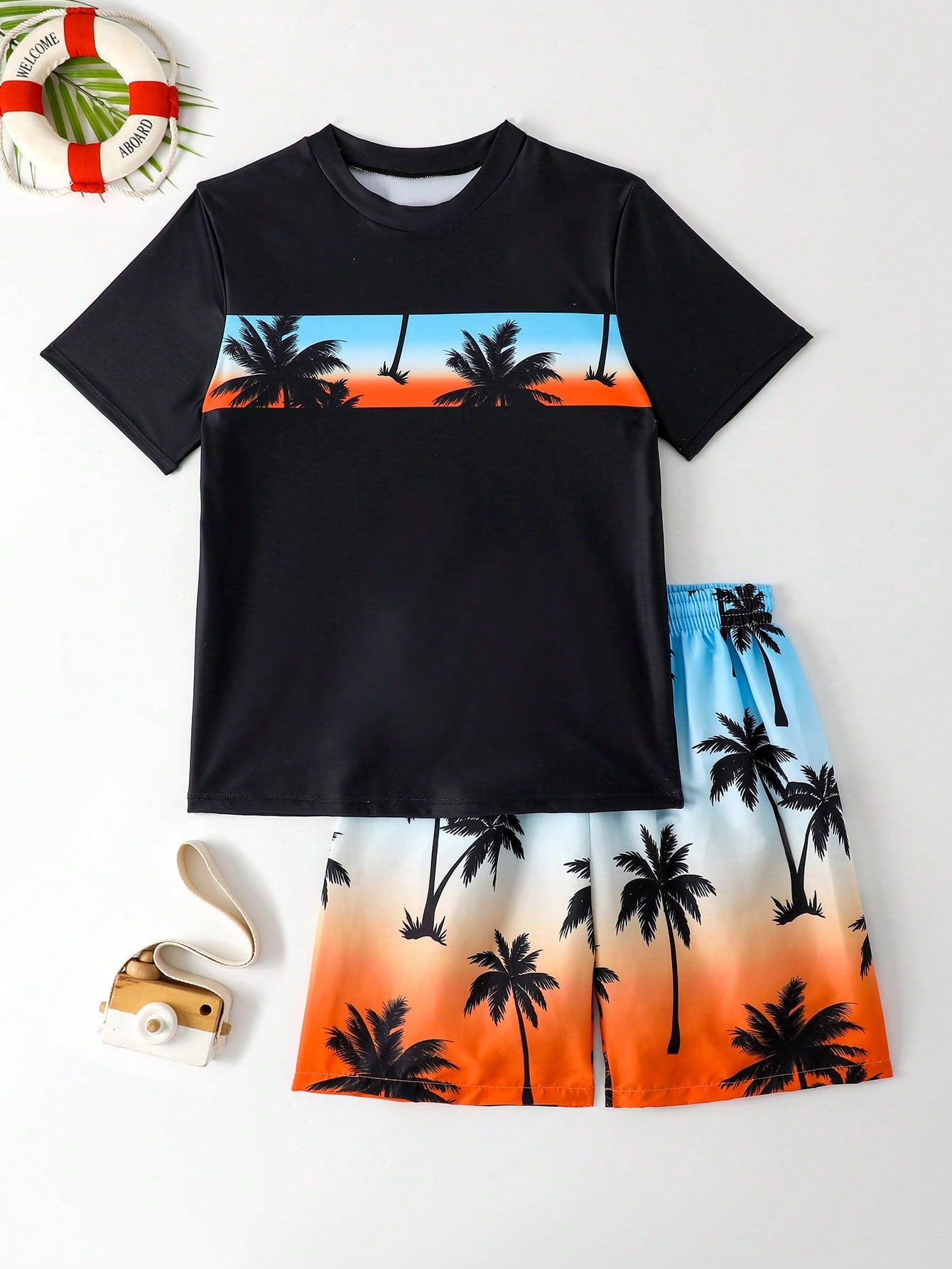 Tween Boys' Swimwear Set - Short Sleeve Round Neck T-Shirt With Printed Logo, Swim Trunks With Random Printed Pattern, Bathing Suit Beach Outfit Summer Vacation