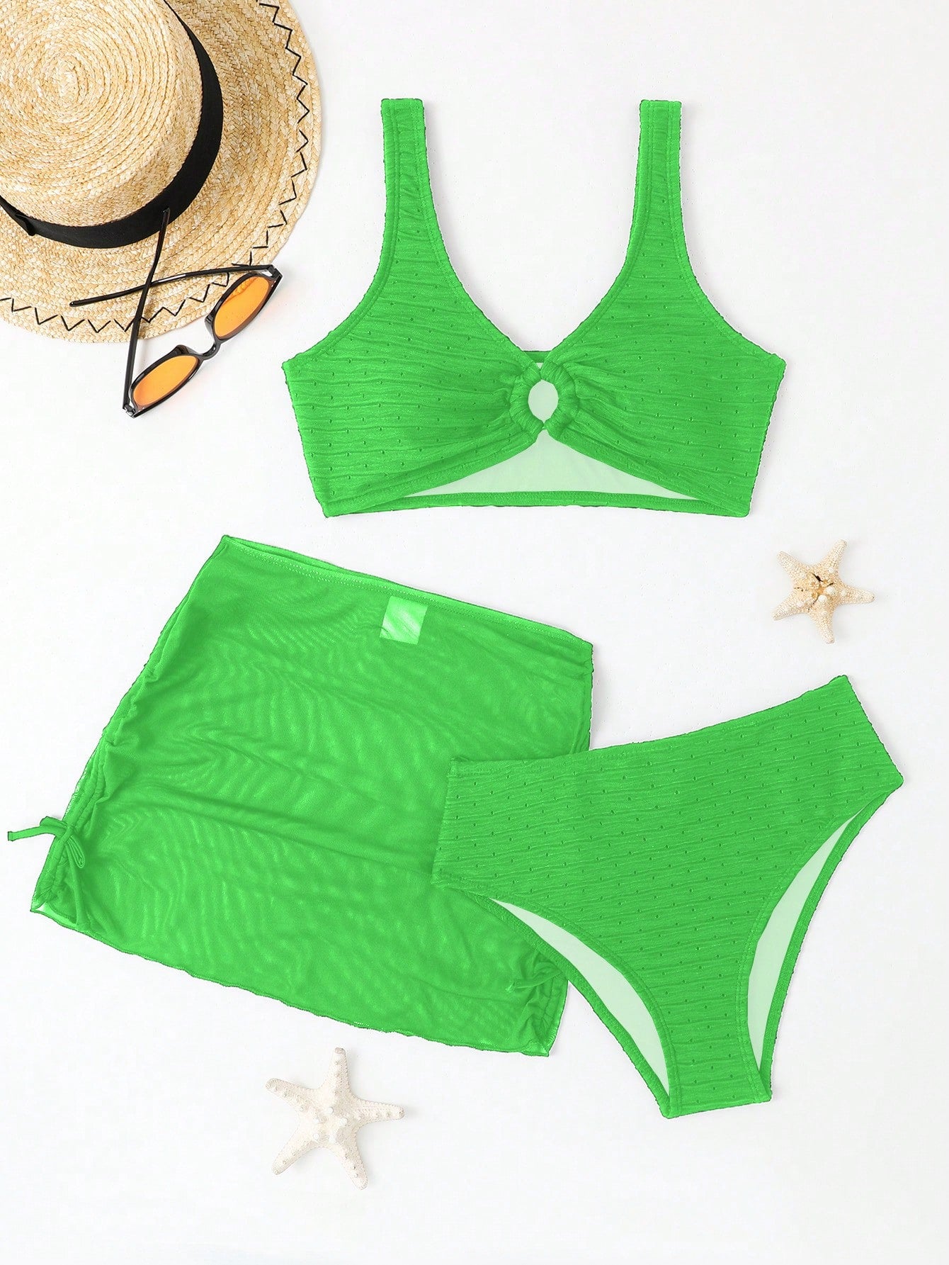 Teen Girl Solid Color Drawstring Pleated Bikini Set Three-Piece Set Summer Beach