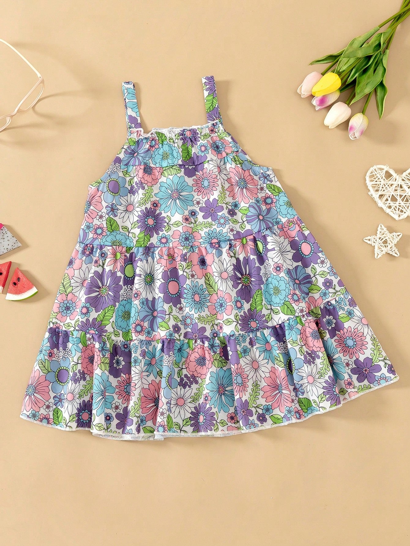 Young Girl Floral Pattern Spaghetti Strap Dress With Ruffle Hem