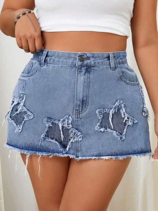 Plus Size Women Frayed Edge Five-Pointed Star Pocket Casual Denim Skirt