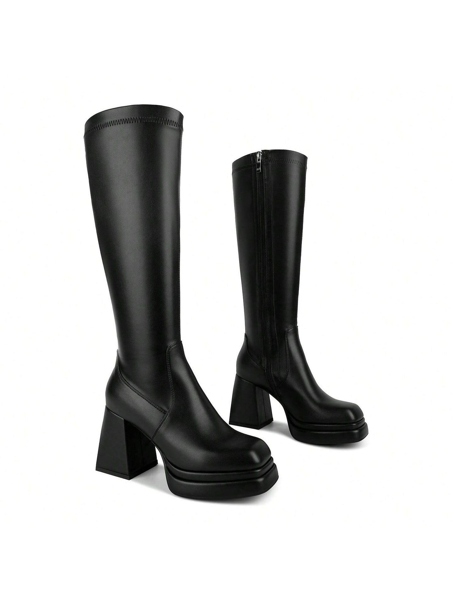 ISNOM Stacked Platform Knee High Boots For Women With High Chunky Heel, Gogo Boots For Women With Square Toe Side Zipper Stretch Boot