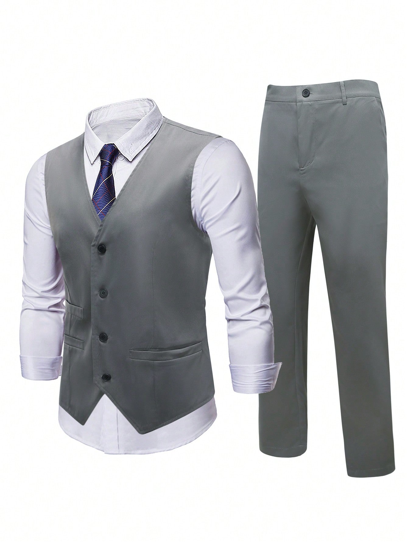 Plus Size Men\ Solid Color Single-Breasted Suit Vest And Pants Set For Daily Business Trip