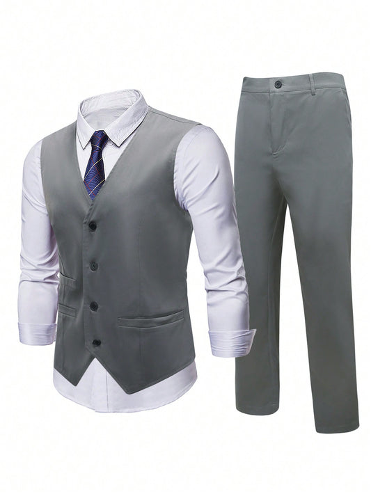 Plus Size Men'S Suit Vest And Dress Pants Set