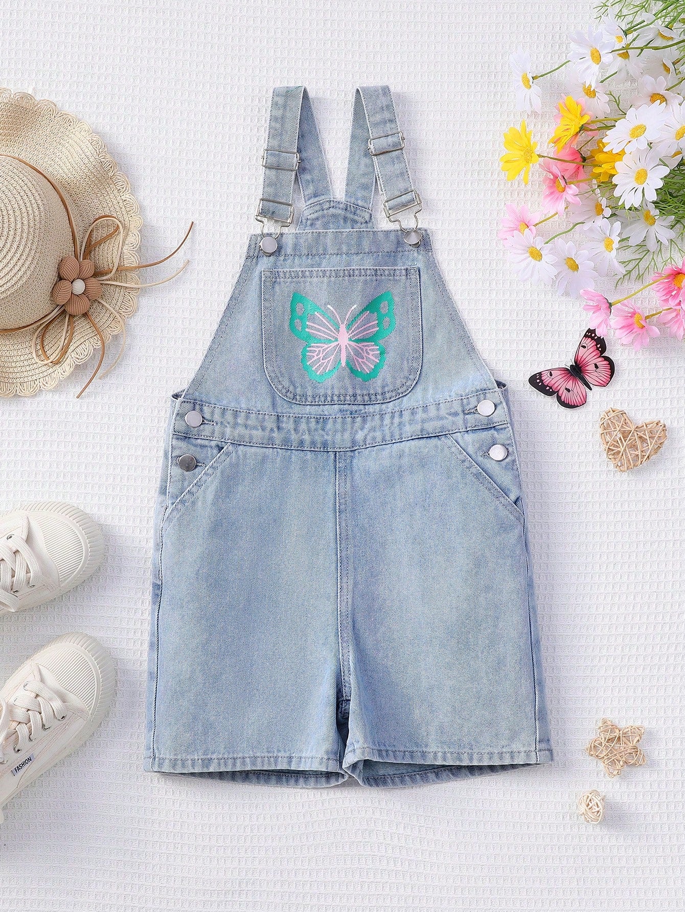 Tween Girl Butterfly Print Overalls With Pockets