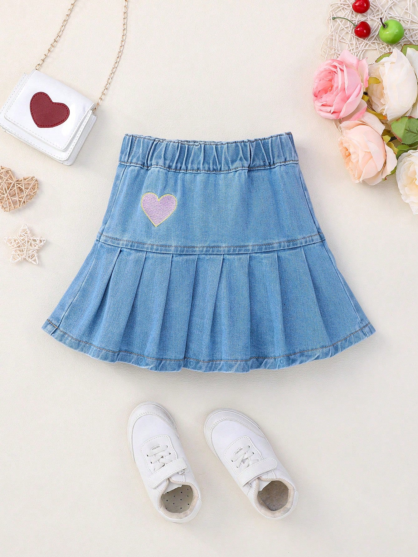 Young Girl Heart Embroidery Elastic Waist Denim Pleated Skirt