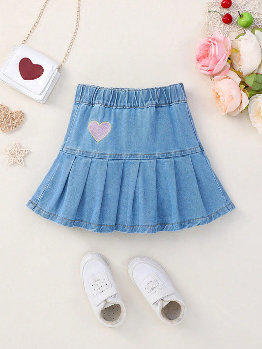 Young Girl Heart Embroidery Elastic Waist Denim Pleated Skirt