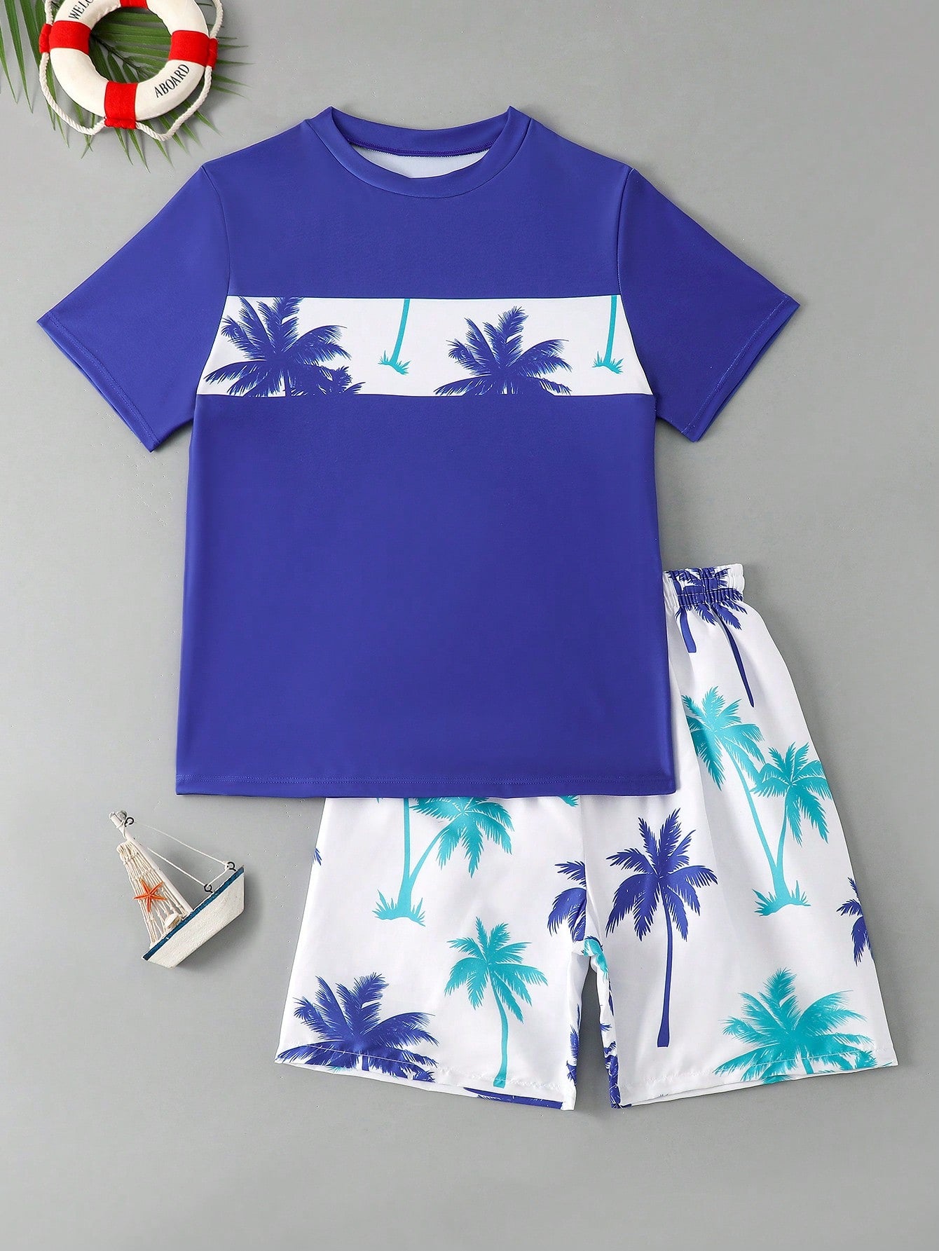 Tween Boys' Swimwear Set - Short Sleeve Round Neck T-Shirt With Printed Logo, Swim Trunks With Random Printed Pattern, Bathing Suit Beach Outfit Summer Vacation