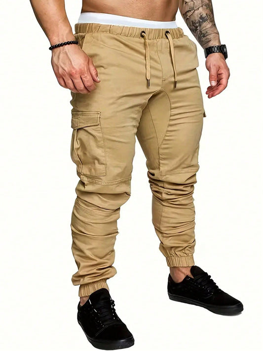 Men Solid Color Drawstring Jogger Work Pants, Suitable For Summer