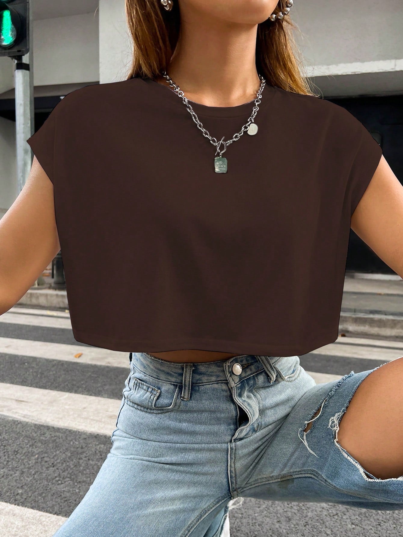 Solid Batwing Sleeve Crop Tee