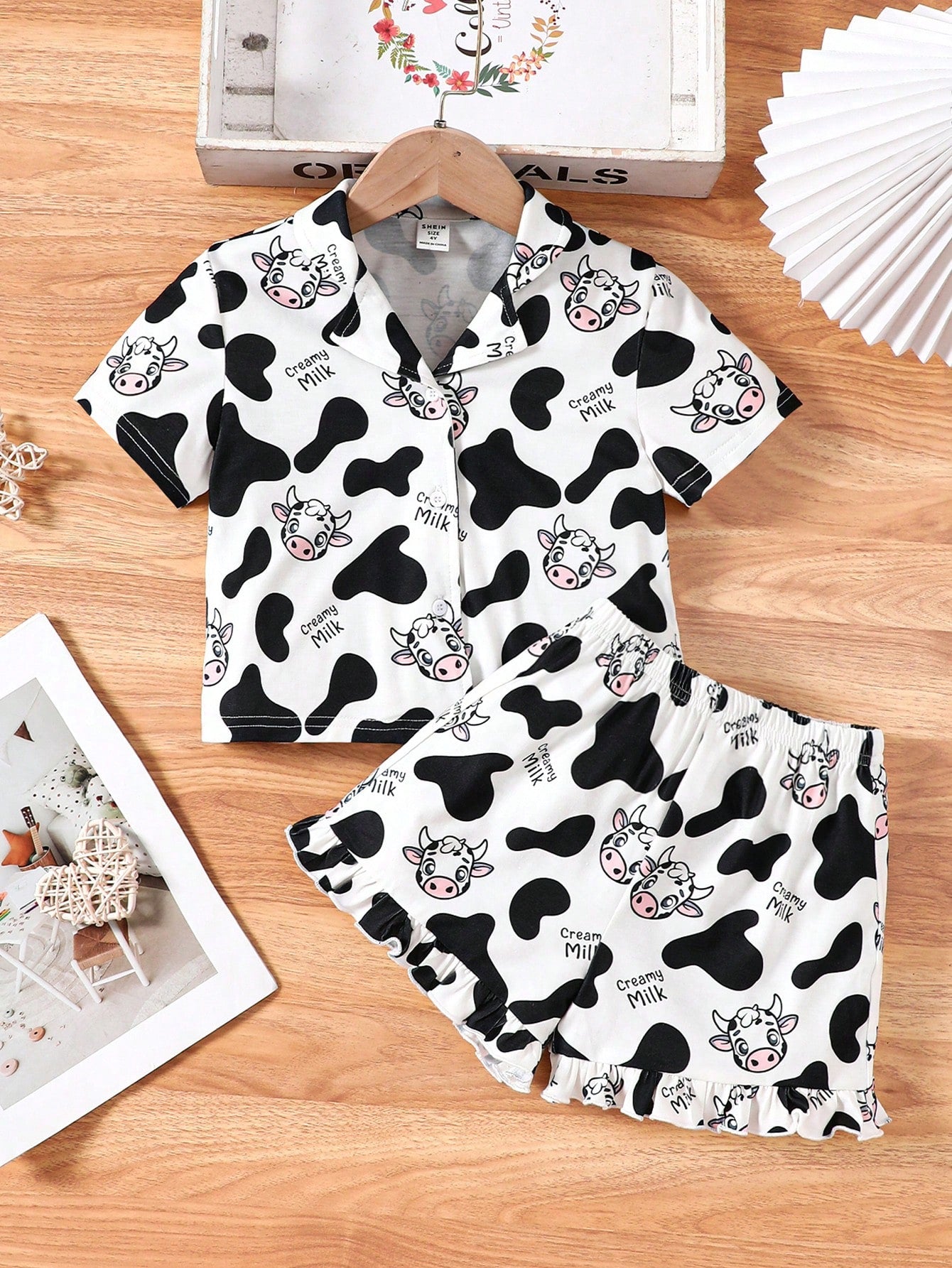 Young Girl Cute Cow Pattern Shirt Collar Knitted Flame Retardant Summer Home Two-Piece Set