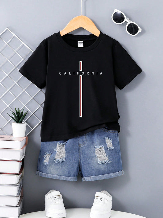 Young Boy 2pcs Simple English Letter Print Short Sleeve T-Shirt And Ripped Denim Shorts Set